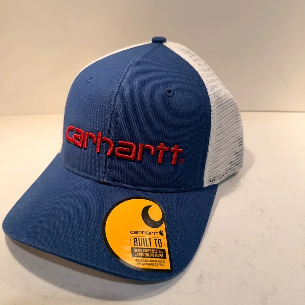 Carhartt Canvas Embroidered Logo Truckers Cap NEW Snap Back Blue Red Mesh NWT